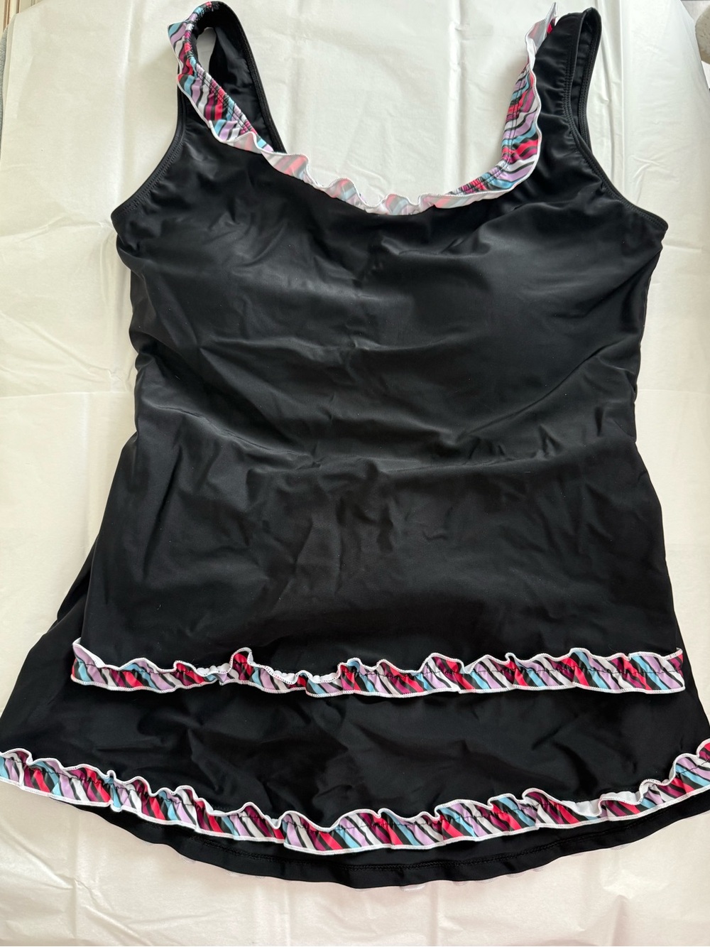 Black Tankini Skort XL with Pink,Teal & White Ruffle Trim Swimsuit Beach Pool